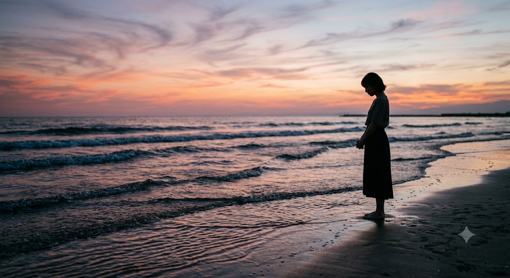 Silhouette of a person standing barefoot on a beach at sunset, looking down at the wet sand.