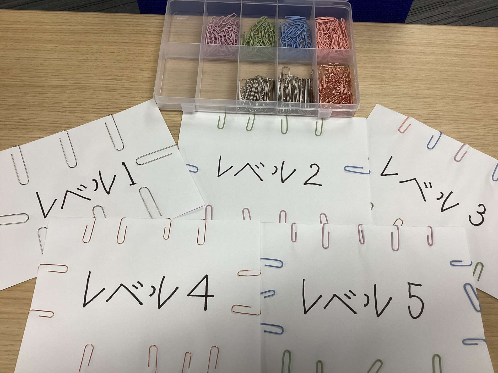 Top-down view of a desk with white cards labeled in Japanese (レベル1–5) held together by colorful paperclips; a plastic organizer contains assorted colored paperclips on the table.
