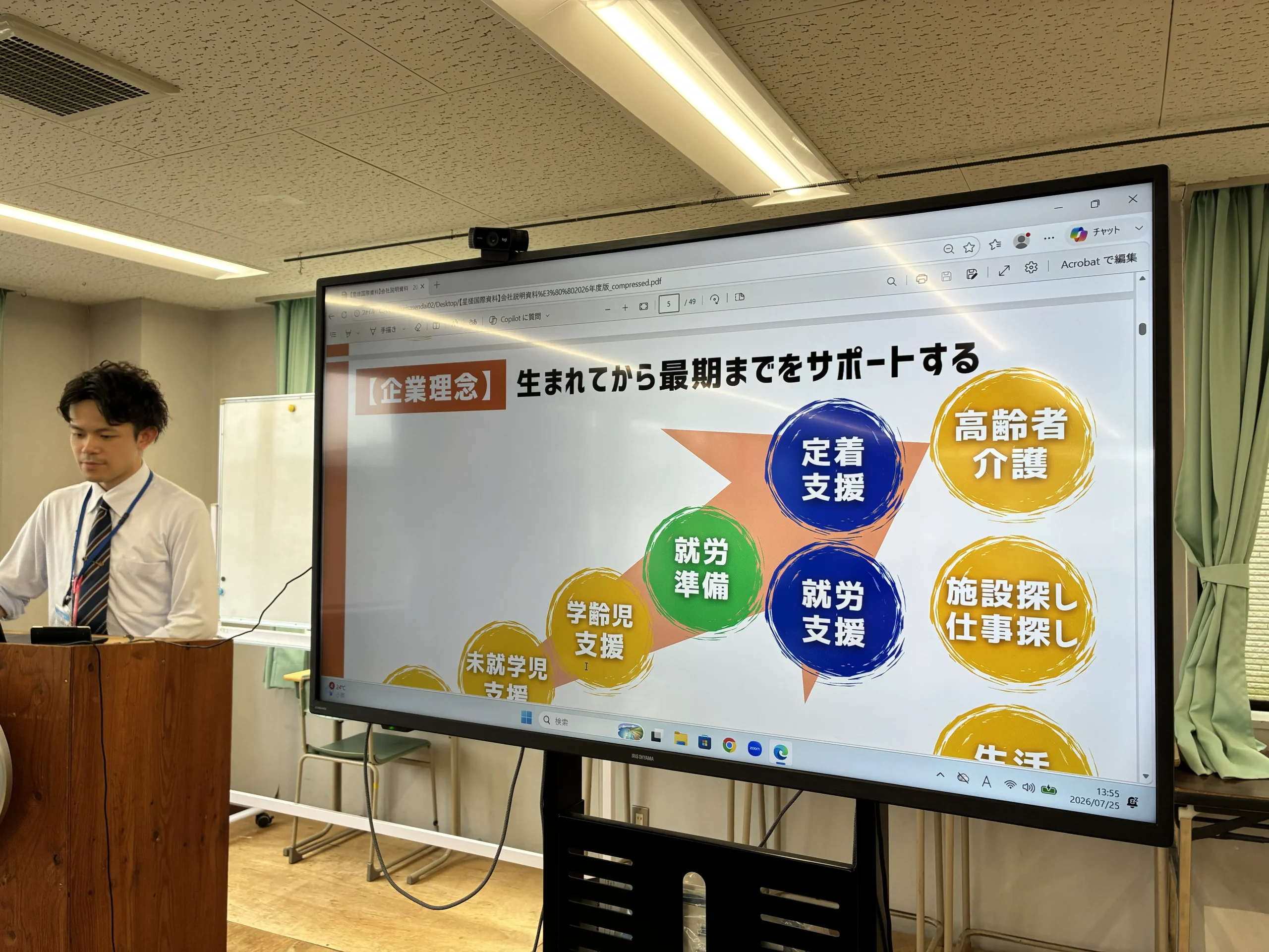 Presenter stands at a podium beside a large screen showing a colorful diagram with circular icons and Japanese text, in a classroom.