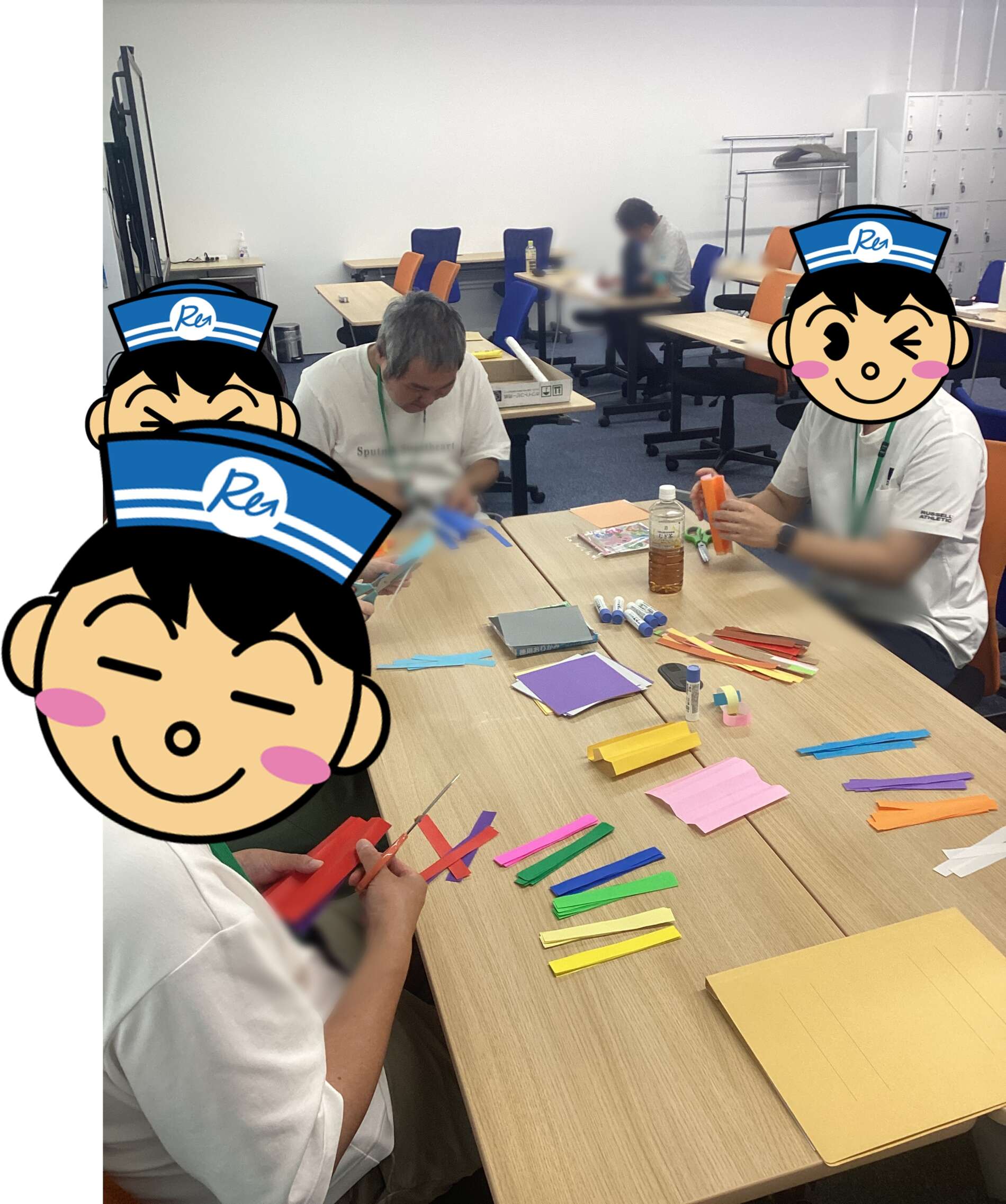 People seated at desks crafting with colorful paper strips in a bright classroom.